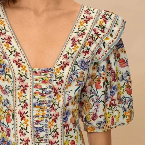 New! FARM RIO ruffled floral-print linen mini dress size M